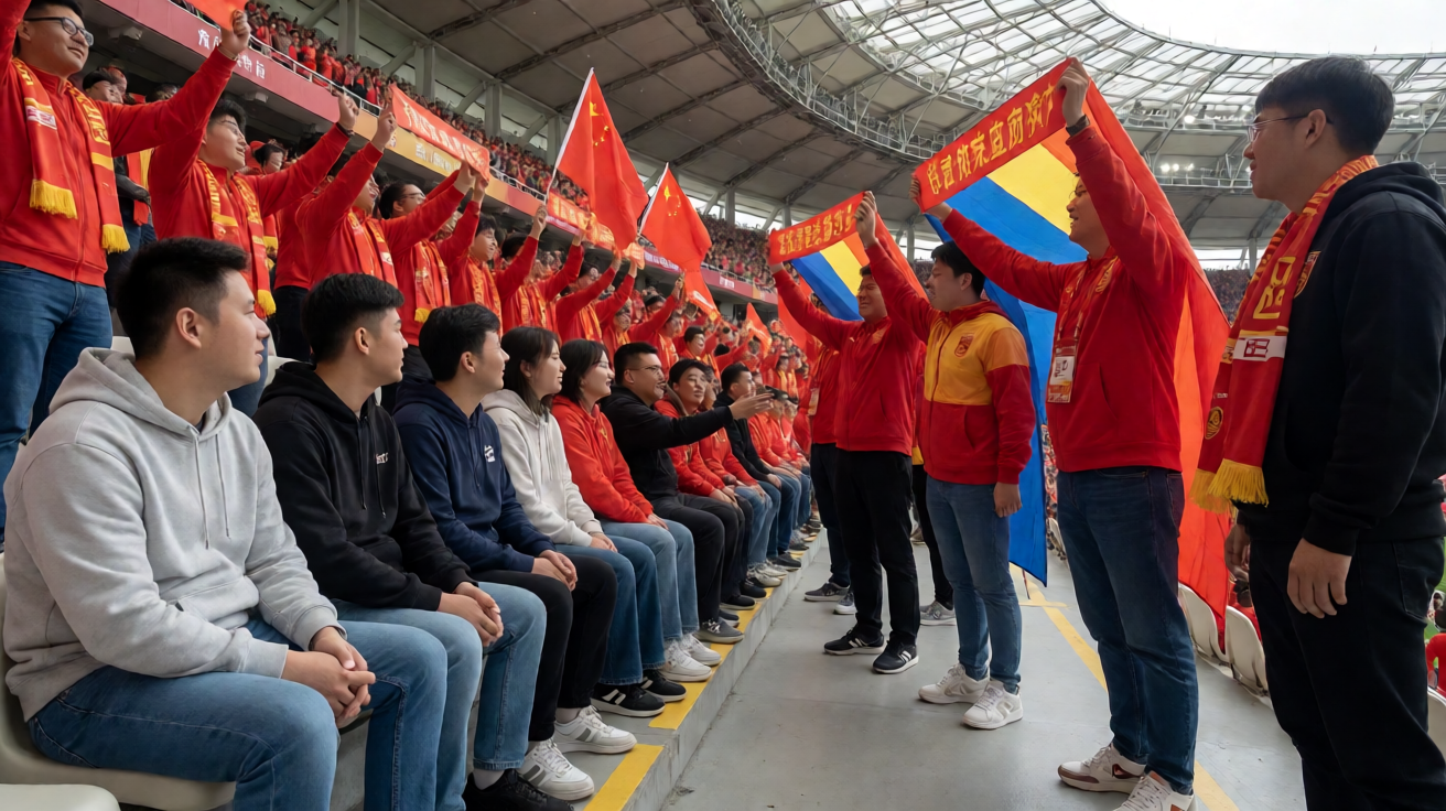 球迷在体育场馆内激情观赛，挥舞旗帜的热烈氛围
